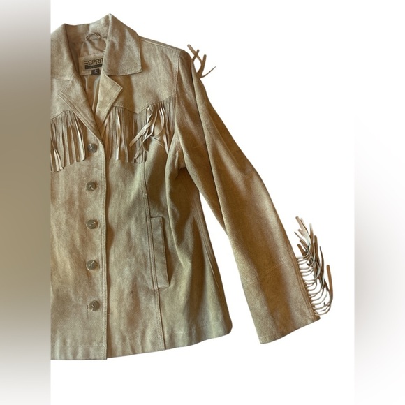 Vintage Esprit Soft Suede Leather Tan Fringe Jacket Womens L Cowgirl Ranch Lux - Picture 11 of 15